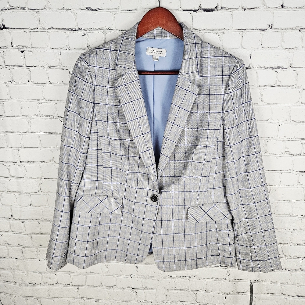 TAHARI | plaid one button notch collar surgeon cuffs lined blazer